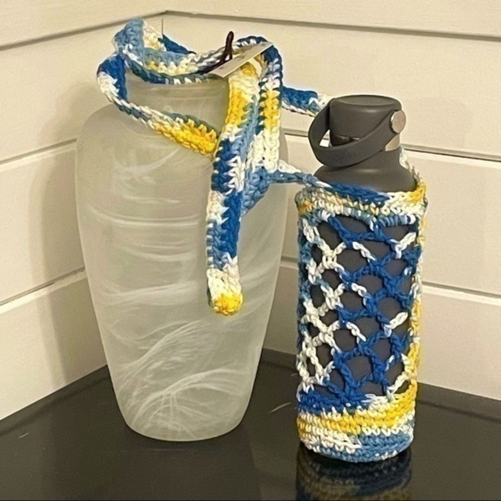 Handmade Crossbody Bag Drink Water Bottle Holder Reusable Blue Yellow